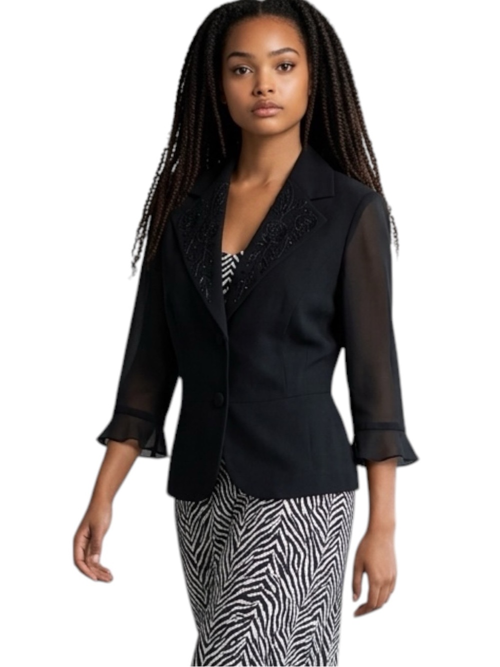 Danny & Nicole Black Embroidered Beaded Lapel Sheer-Sleeve Blazer NWOT Size 10